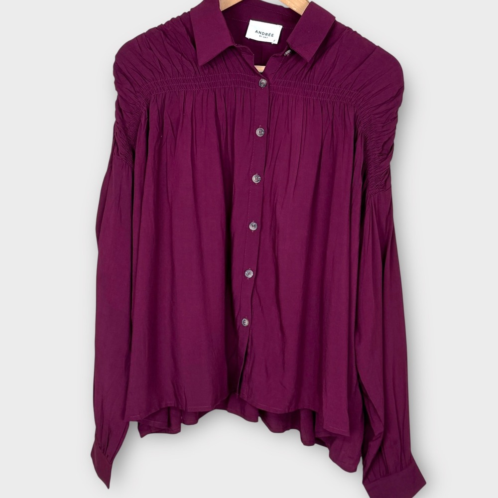 Andree by Unit Button Down Shirt Women's S Plum Long Sleeve Smocked Oversized‎